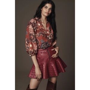 NWT!! Anthropologie PILCRO Fit-and-Flare Faux Leather Mini Skirt Wine Moto 12